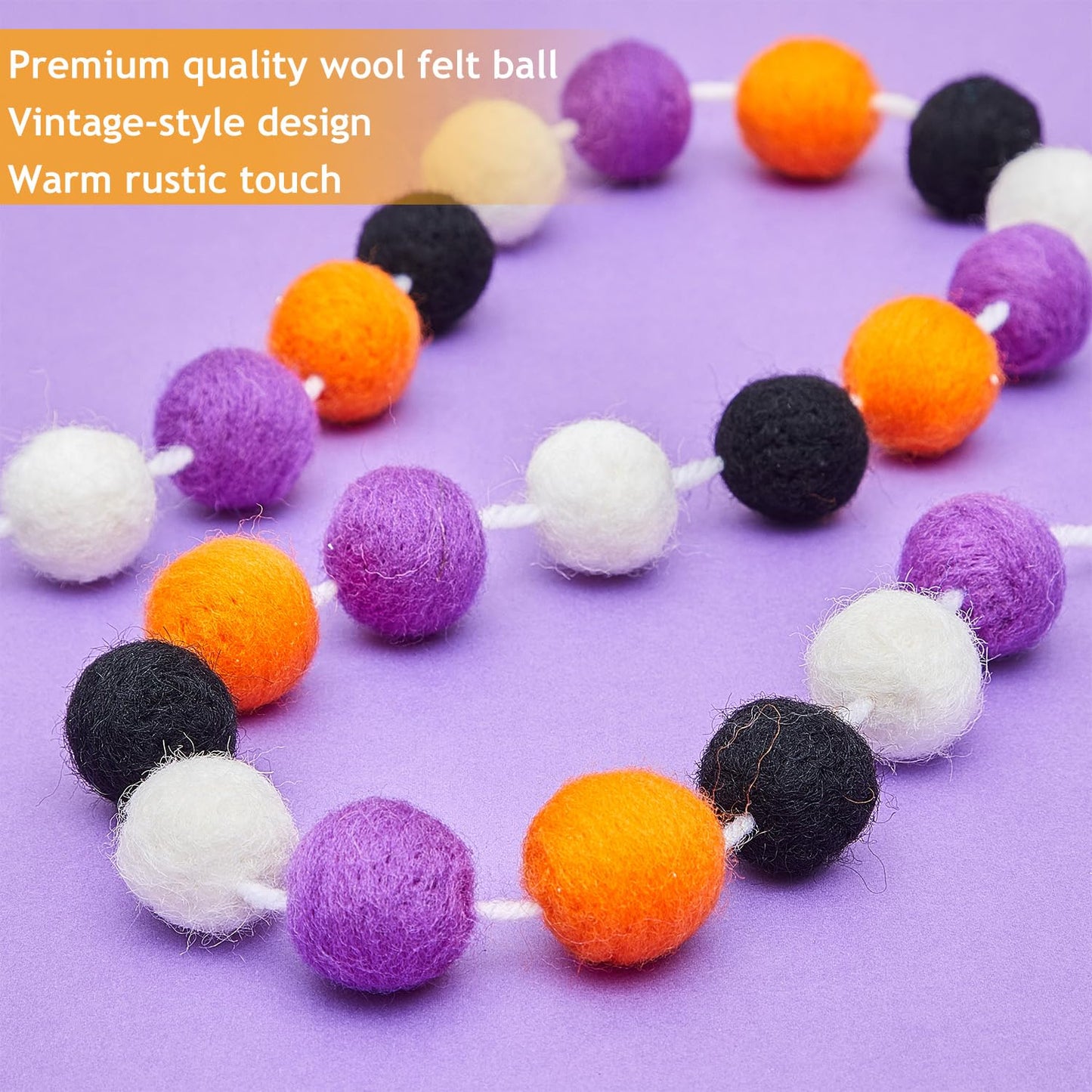 WILLBOND 2 Pieces Wool Felt Rainbow Ball Garland Colorful Pom Pom 6.5 ft Long 24 Ball Garland for Easter Mardi Gras Classroom Halloween Thanksgiving Xmas (Orange,White,Black,Purple)