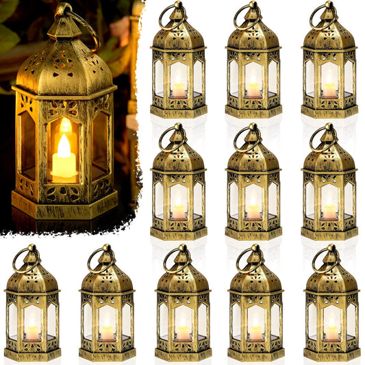 12 Pieces Mini Lanterns with Flickering LED Candle, Batteries Included, Decorative Hanging Candle Lantern for Indoor Use, Wedding, Party, Table Centerpiece (Gold, )