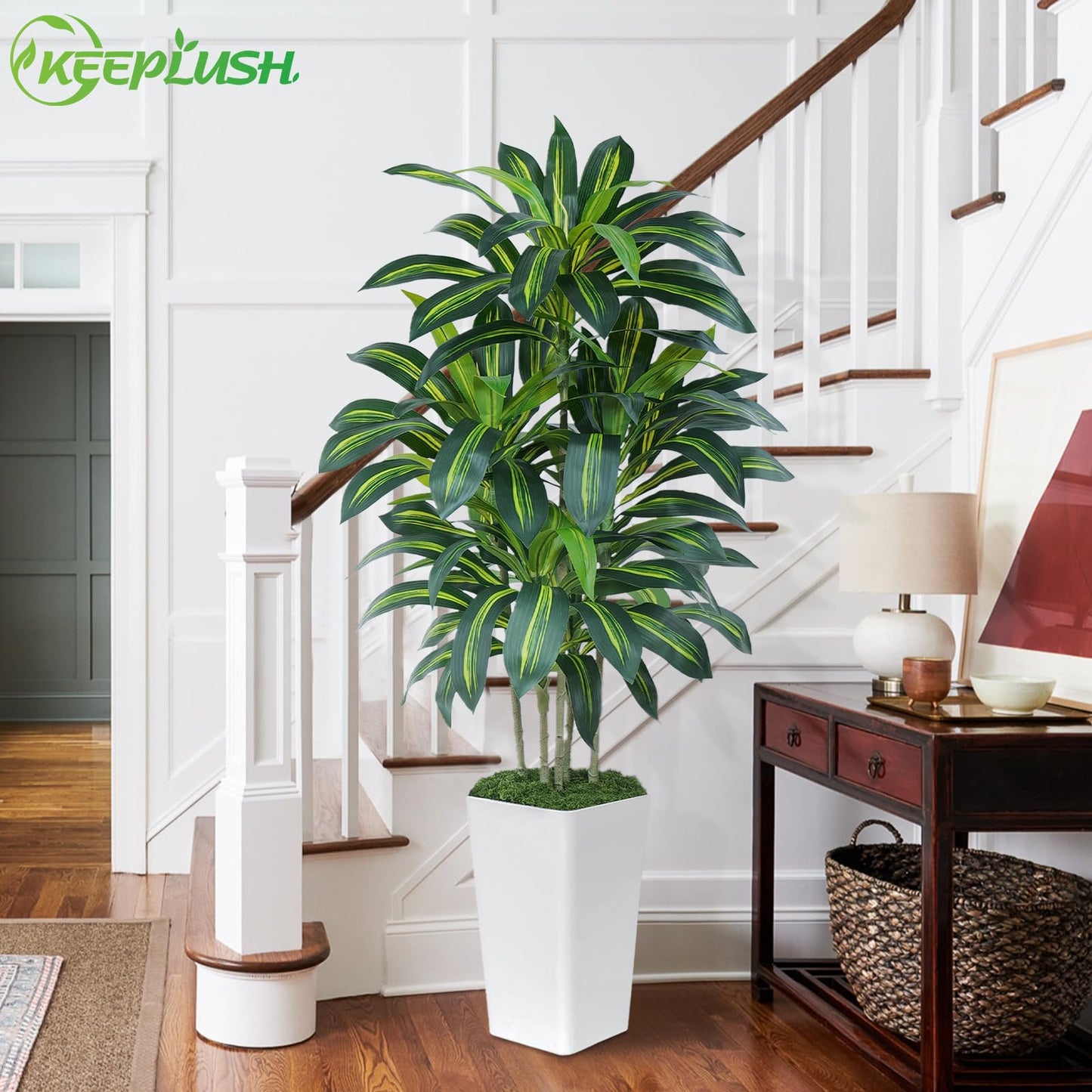 Keeplush 5FT Artificial Dracaena Tree - High-Density Foliage Fake Plant with White Tall Planter - Faux Yucca Floor Plant for Home Office Decor Indoor