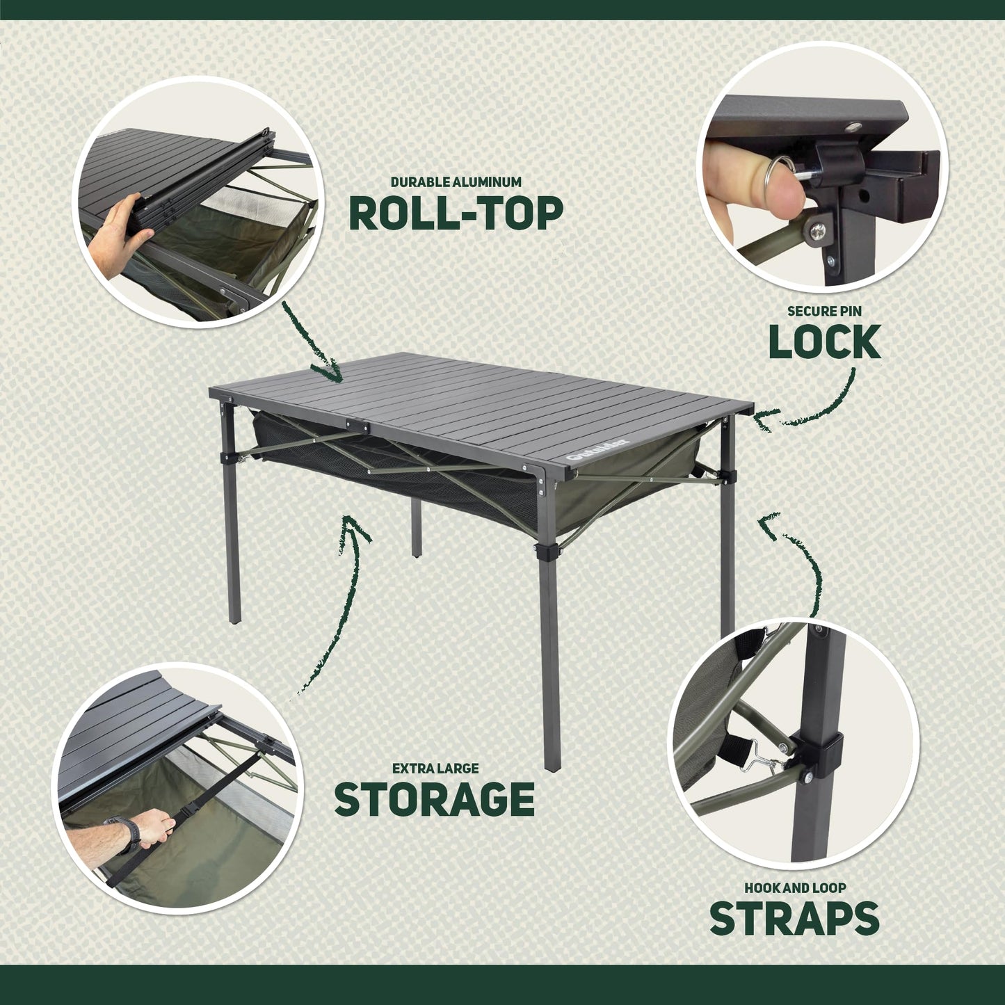 OUTSIDER Folding Camping Table, Portable Roll-up Outdoor Lightweight Aluminum Camp Table for Picnic BBQ Backyards Beach, Large Storage Mesh Pocket and Carrying Bag Included (Gray+Storage)