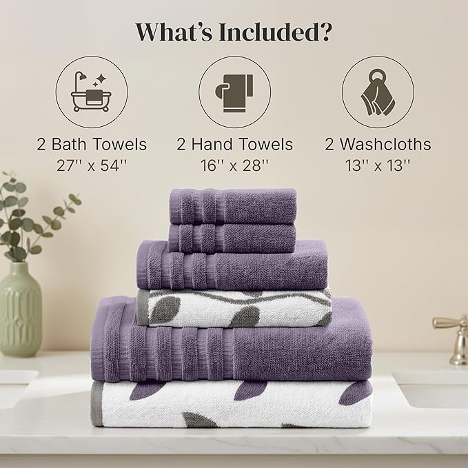 Modern Threads Organic Vines 6-Piece 100% Cotton Towel Set – Yarn Dyed Jacquard