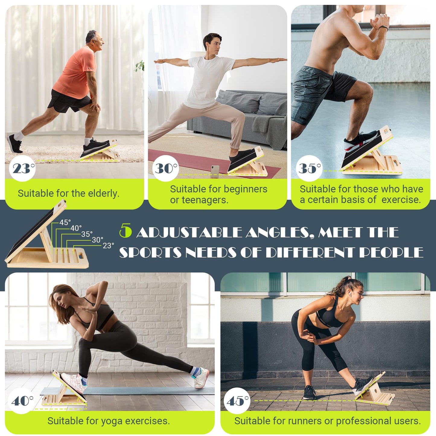 Slant Board for Calf Stretching, Adjustable Portable Wooden Incline Board for Calf Stretcher with Training Poster, 300 Lbs Weight Capacity Physical Therapy Equipment for Leg, Knees, Heel, Ankle