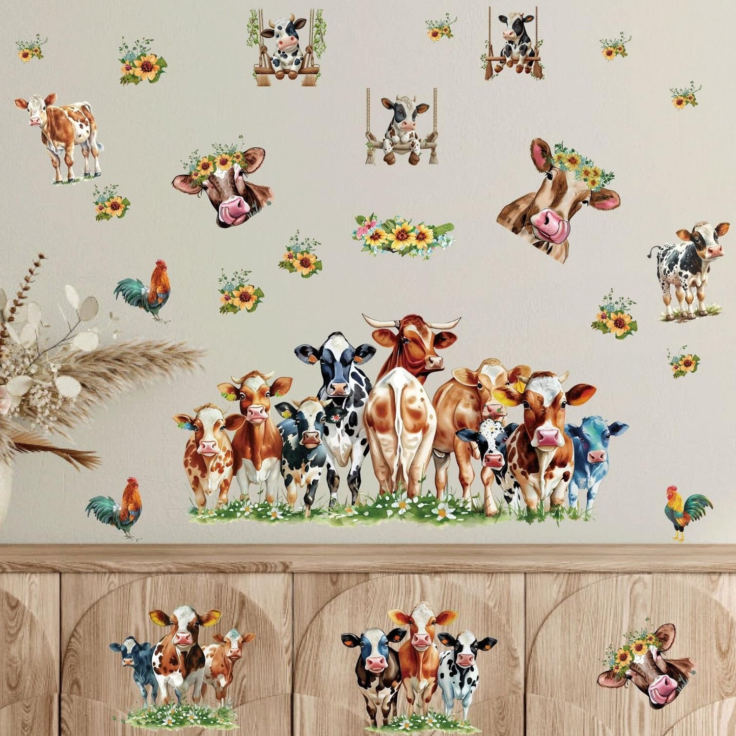 Funny Cow Wall Stickers Cute Cow Window Stickers Farm Animal Wall Decals Peel and Stick Sunflower Cattle Cow Print Window Decals Clings Farmhouse Wall Stickers for Kitchen Bedroom Decor