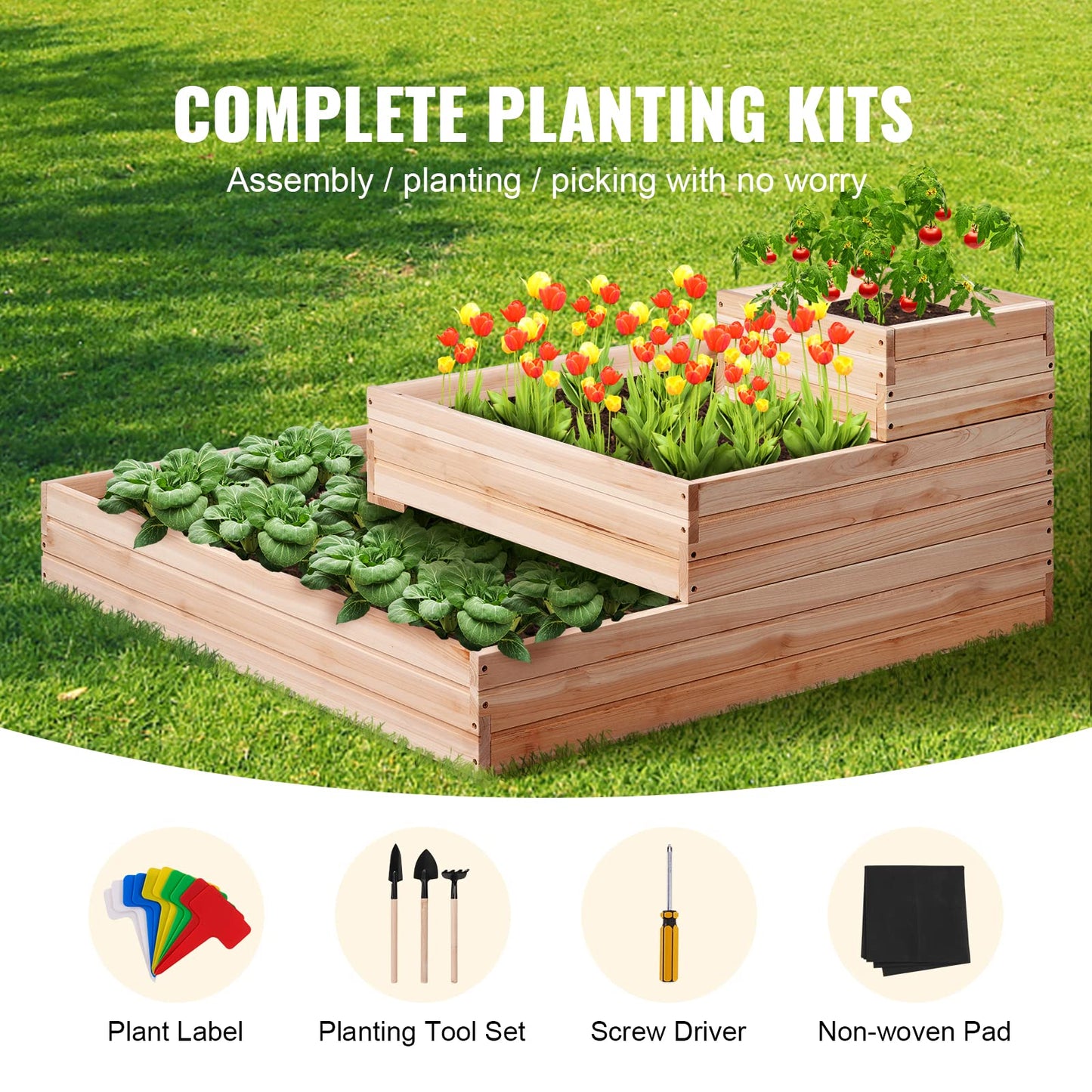VEVOR 3 Tier Raised Garden Bed Wood Outdoor, 45 x 45 x 20in High End Natural Fir Wood Planter Box, Outdoor Planting Boxes for Flowers/Vegetables/Herbs in Backyard/Garden/Patio/Balcony, with Open Base