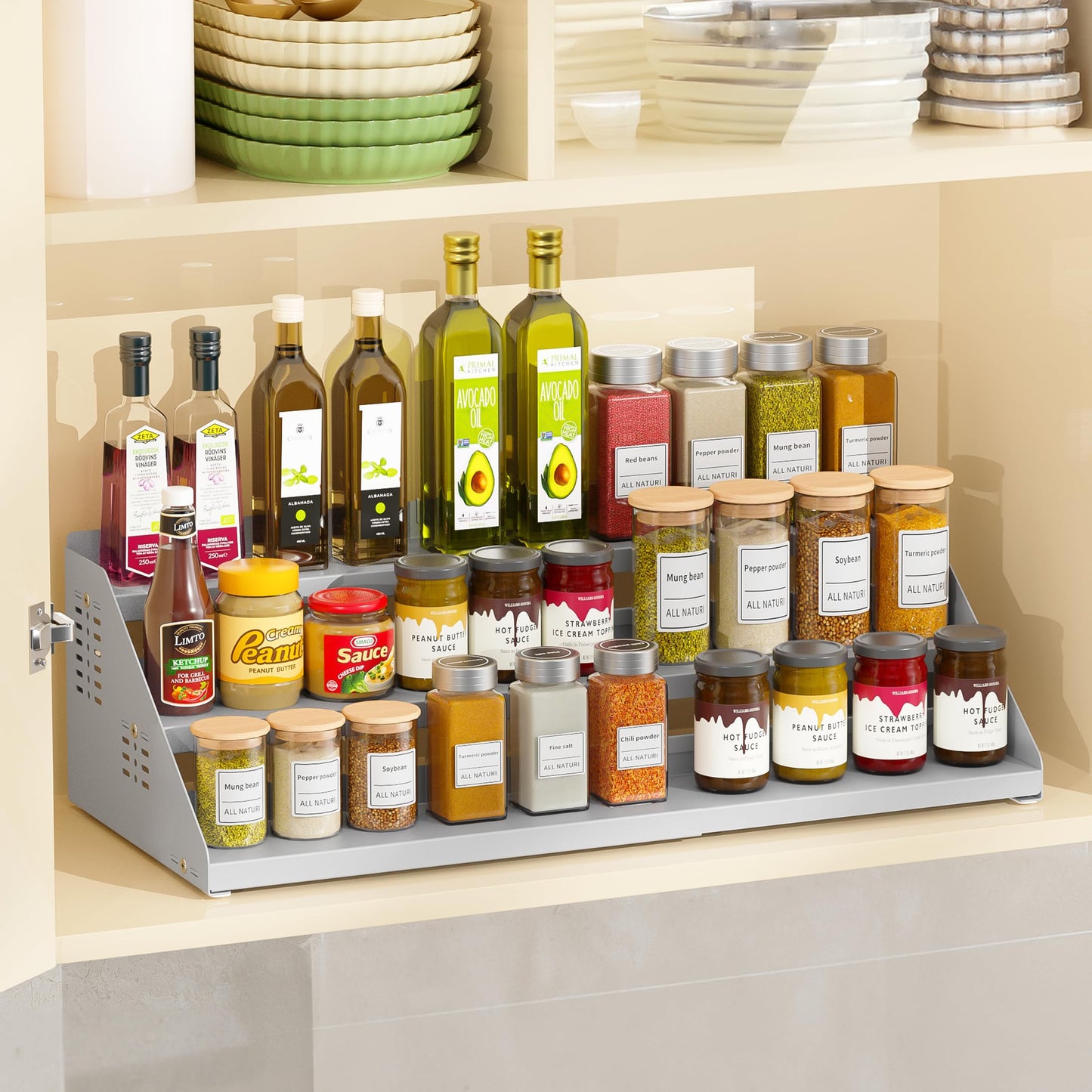 BOIVSHI Spice Rack Organizer, Metal Spice Rack Organizer for Cabinet, Countertop Spice Rack - Expandable Width, 3 Tier Spice Shelf for Cabinet, Countertop, Pantry, Cupboard, Gray