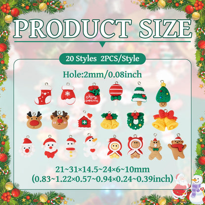 Cheriswelry 40Pcs Christmas Resin Charms for Crafts Santa Claus Snowman Deer Jingle Bell Pendants Ornaments 21-30mm for Xmas Home Party Decoration Necklace Earring Bracelet Making
