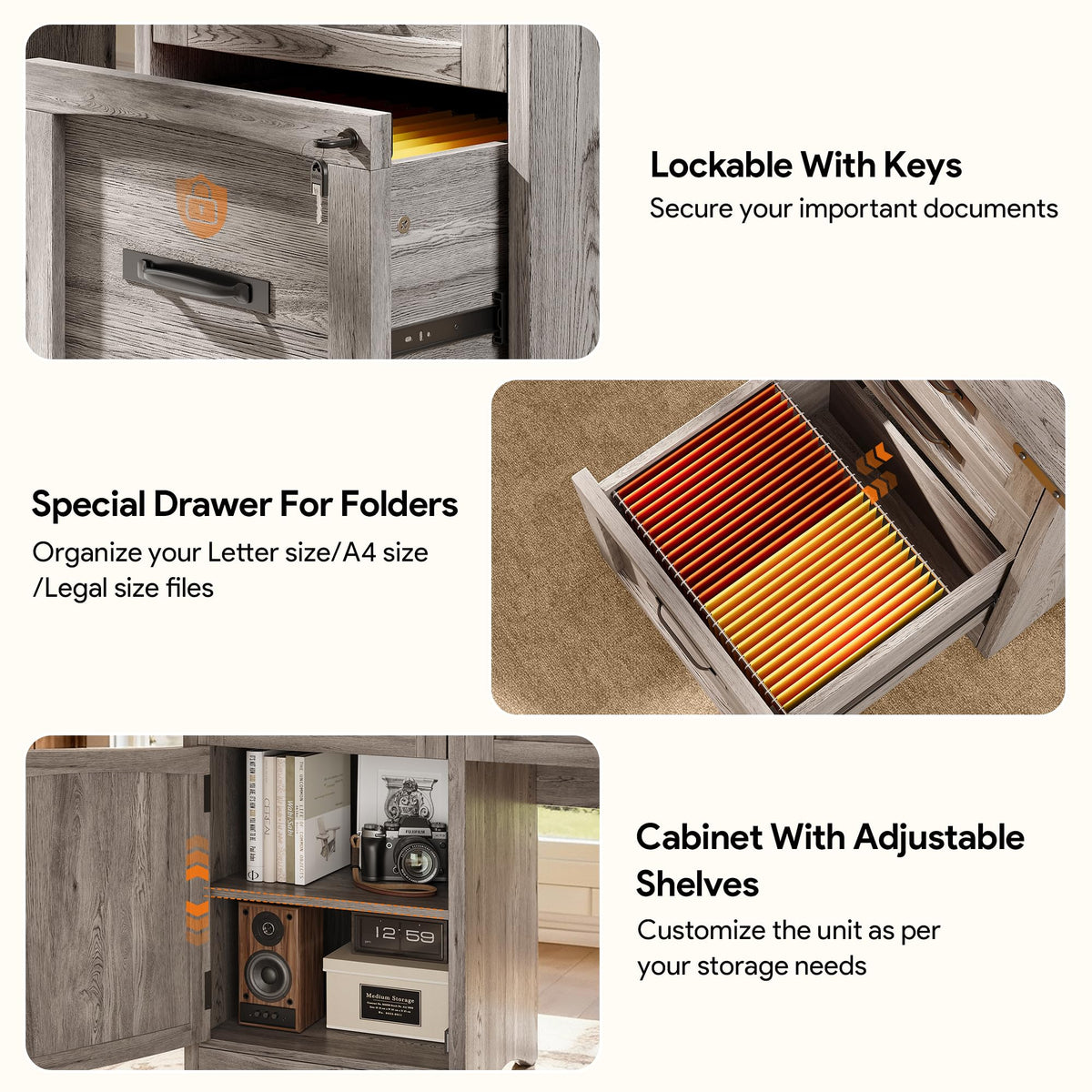 Decofy Farmhouse Executive Desk with Drawers, 55" Home Office Desks with Fast Charging Station, Lockable File Cabinet, Wood Writing Computer Desk for Work, Study, Grey