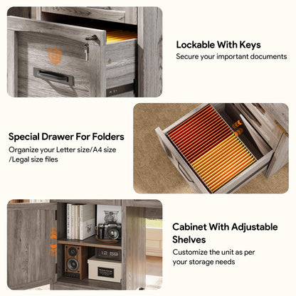 Decofy Farmhouse Executive Desk with Drawers, 55" Home Office Desks with Fast Charging Station, Lockable File Cabinet, Wood Writing Computer Desk for Work, Study, Grey