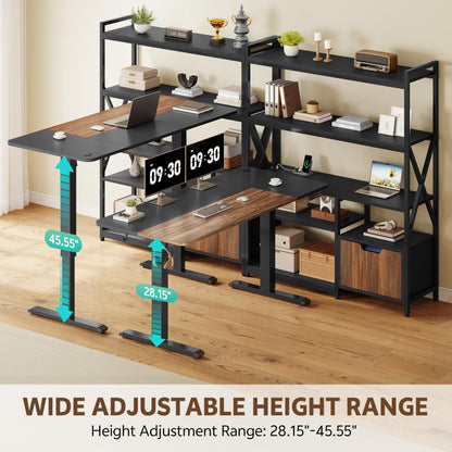 Homiflex 2-in-1 L Shaped Electric Standing Desk with Bookcase, 77.8'' Large Office Desk with Height Adjustable, File Drawer and Power Outlets, Variable Computer Desk Set for Home Office, Black