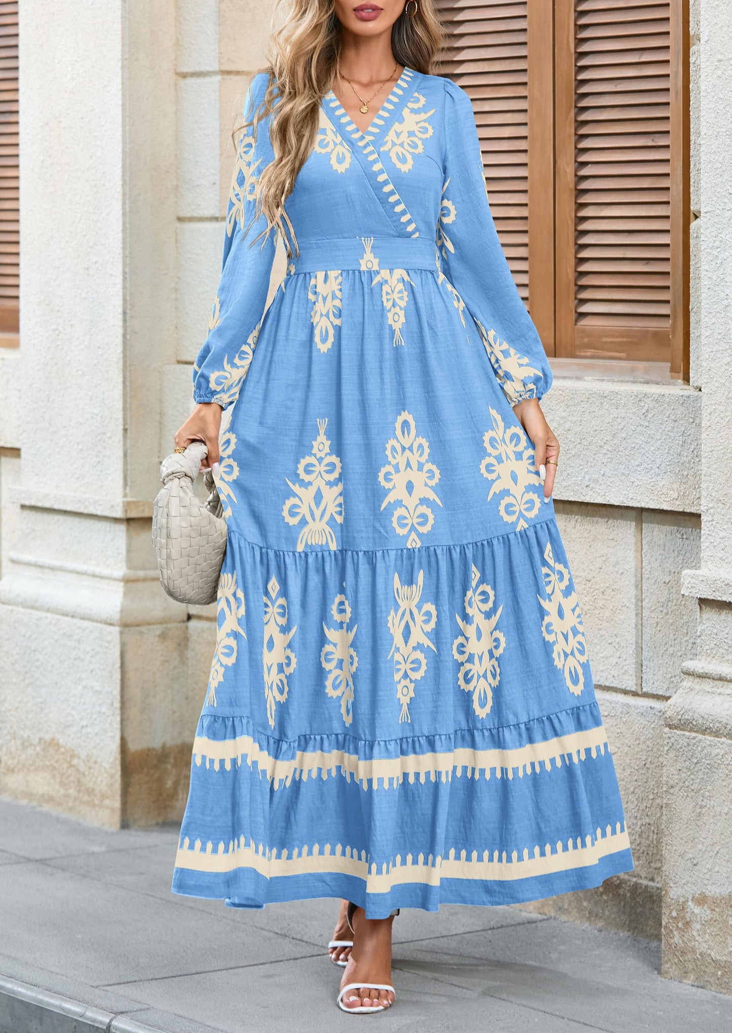 PRETTYGARDEN Women's 2025 Fall Wedding Guest Dresses Boho Floral Long Sleeve V Neck Flowy Elegant Maxi Dress Beach Clothes