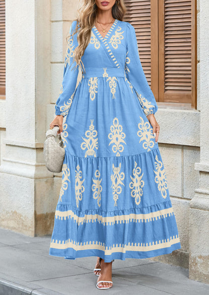 PRETTYGARDEN Women's 2025 Fall Wedding Guest Dresses Boho Floral Long Sleeve V Neck Flowy Elegant Maxi Dress Beach Clothes