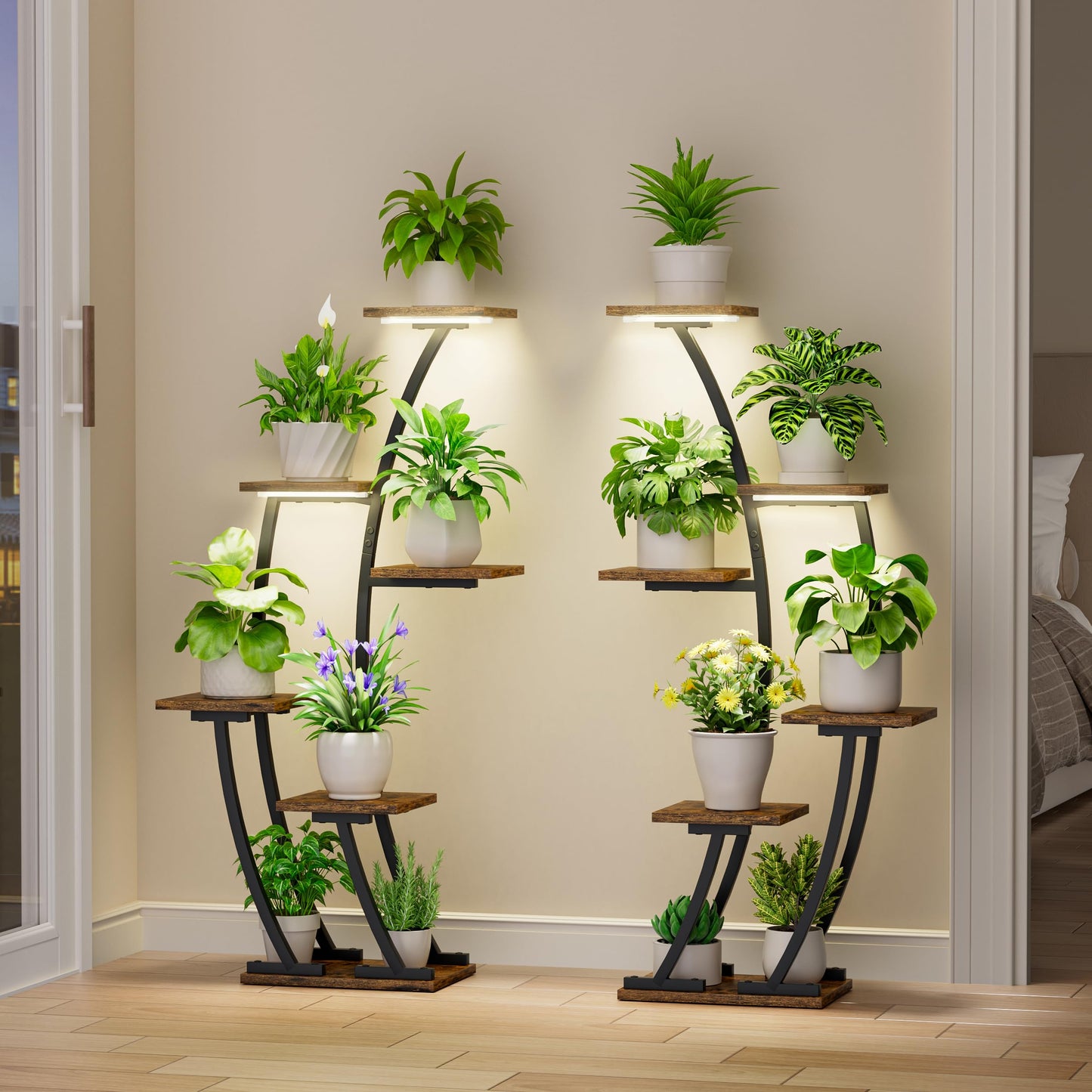 BACEKOLL Plant Stand Indoor with Grow Lights, Plant Shelf Indoor 2 Pack, Corner Plant Stands for Indoor Plants, 6 Tiered Plant Flower Display Shelf, Half-Moon Plant Rack for Home, Living Room, Black