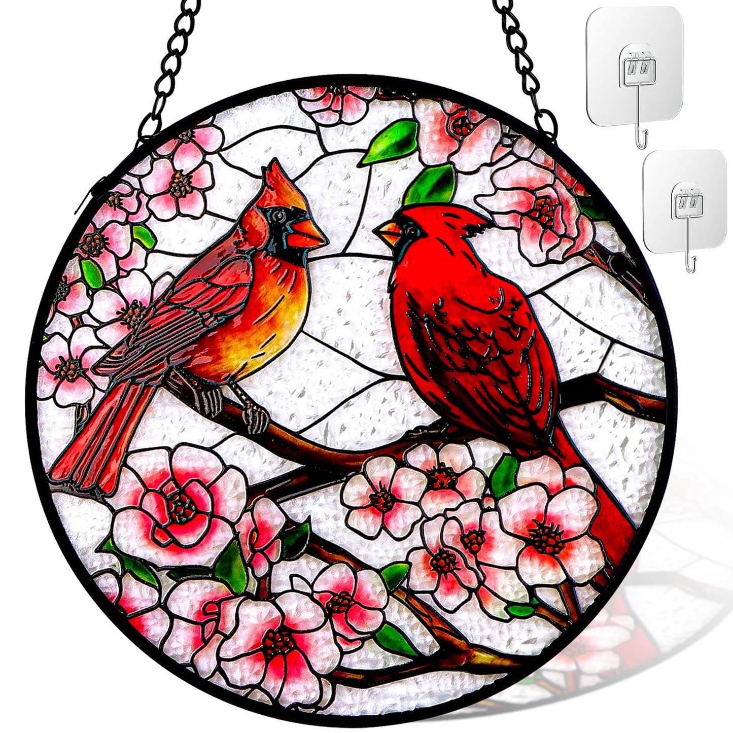 Remiawy Cardinal Stained Glass Window Hanging, 10 Inch Sun Catcher Glass Panel with Metal Chain and Hooks Suncatcher Indoor Window Wall Art Home Decor Gift for Bird Lovers Women Mother's Day Christmas