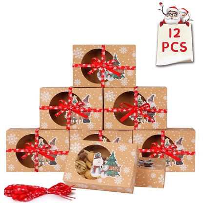 OurWarm 12 Pack Christmas Cookie Boxes for Gift Giving, Large Christmas Cookie Tins Holiday Bakery Treat Boxes with Window, Kraft Paper Food Packaging Containers for Xmas Party Supplies