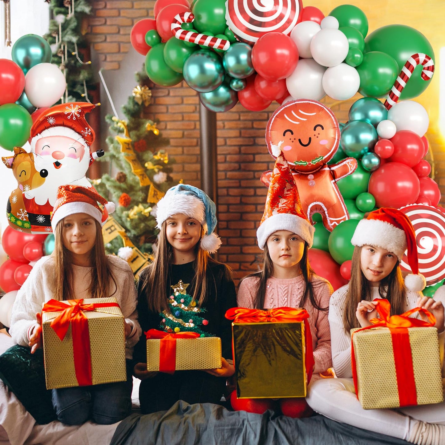 Christmas Balloon Garland Arch Kit, Christmas Balloon Arch with Metallic Green Red White Latex Balloons Snowflake Santa Foil Balloons Candy Cane for Xmas New Year Party Decoration