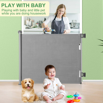 MYPIN Extra Wide Retractable Dog and Baby Gates - Indoor/Outdoor Stair Gates for Stairways, Hallways, Doorways (Grey, 140 X 86 CM)