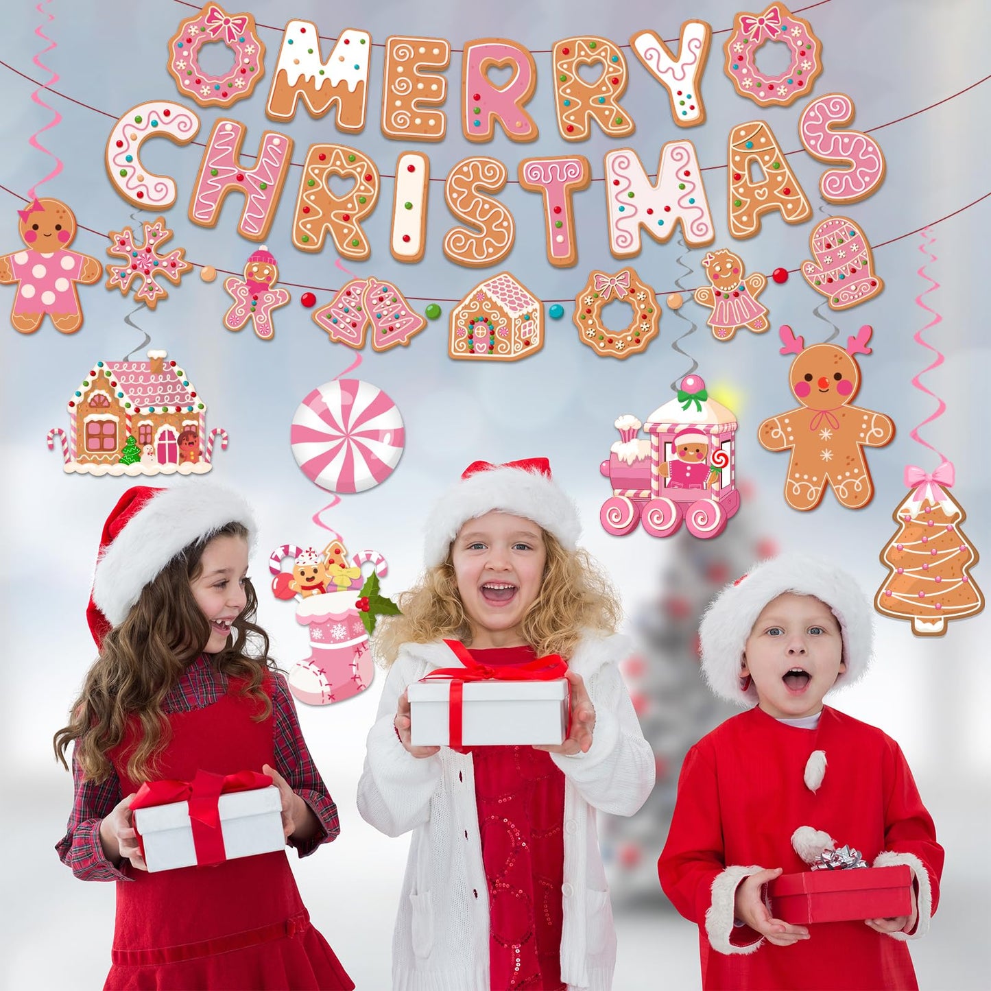 Pink Gingerbread Christmas Decorations, Pink Gingerbread Christmas Decor includes Merry Christmas Banner and Ginger bread Hanging Swirls, Gingerbread House Decorations for Merry Xmas Party Supplies
