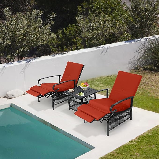 Oakcloud Adjustable Outdoor Lounge Chair Metal Patio Relaxing Recliner Chair Set with Bistro Table and Removable Cushions(Red)