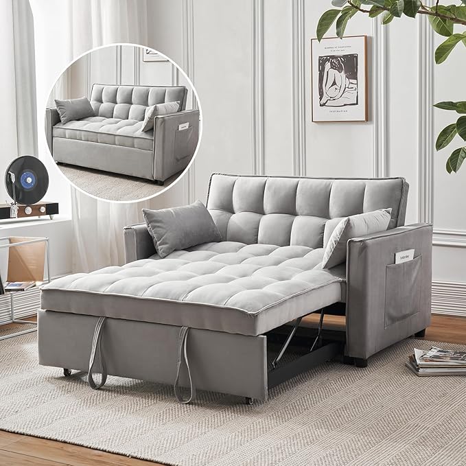 3-in-1 Loveseat Sleeper Sofa, Modern 55.5" Pull Out Couch, Velvet Upholstered