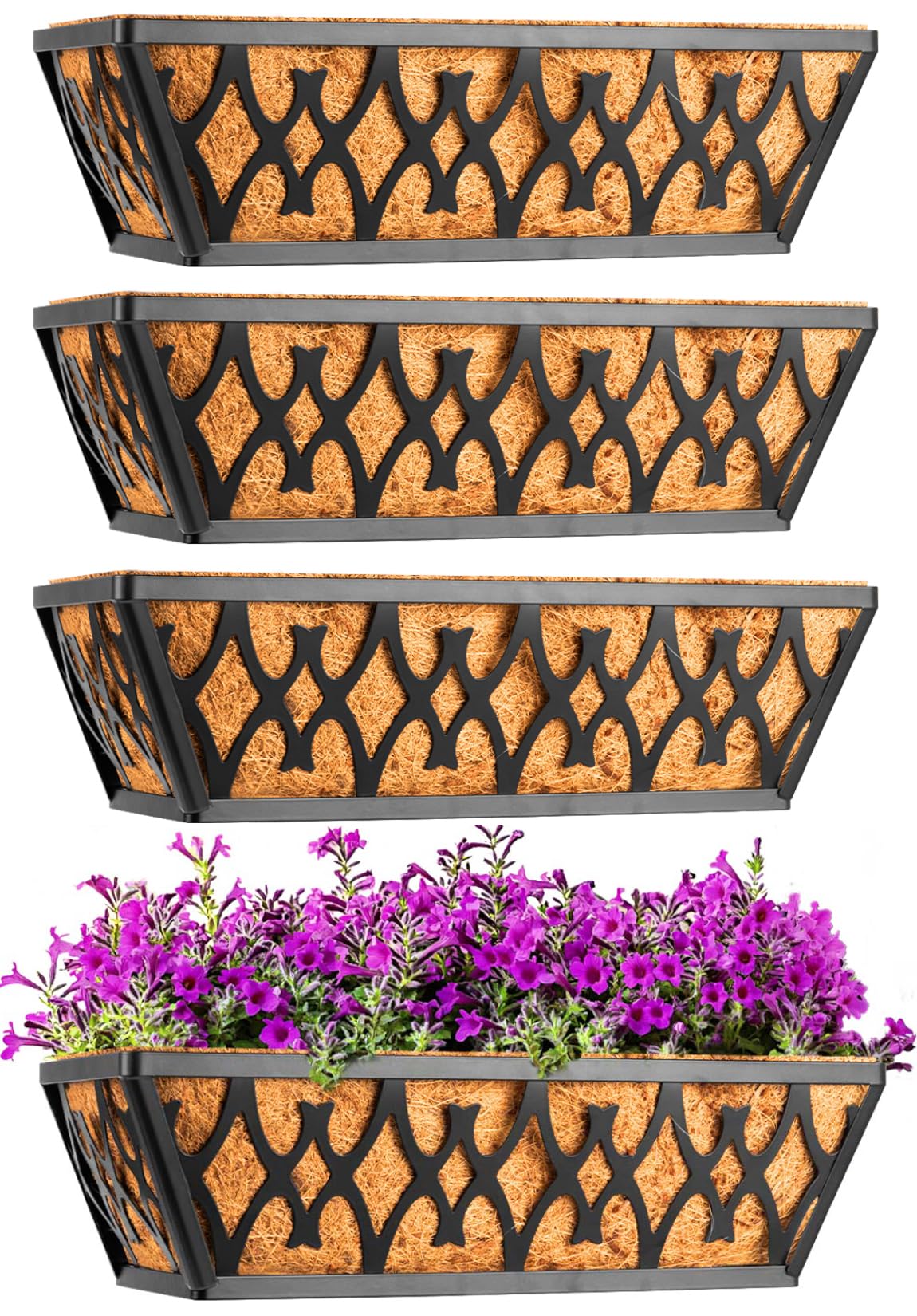 Karlliu 4 Pack 14 Inch Window Boxes Planters Railing Planter Box with Coco Liners Deck Railing Planter Boxes Balcony Hanging Flower Box for Outdoor Plants Garden Decor