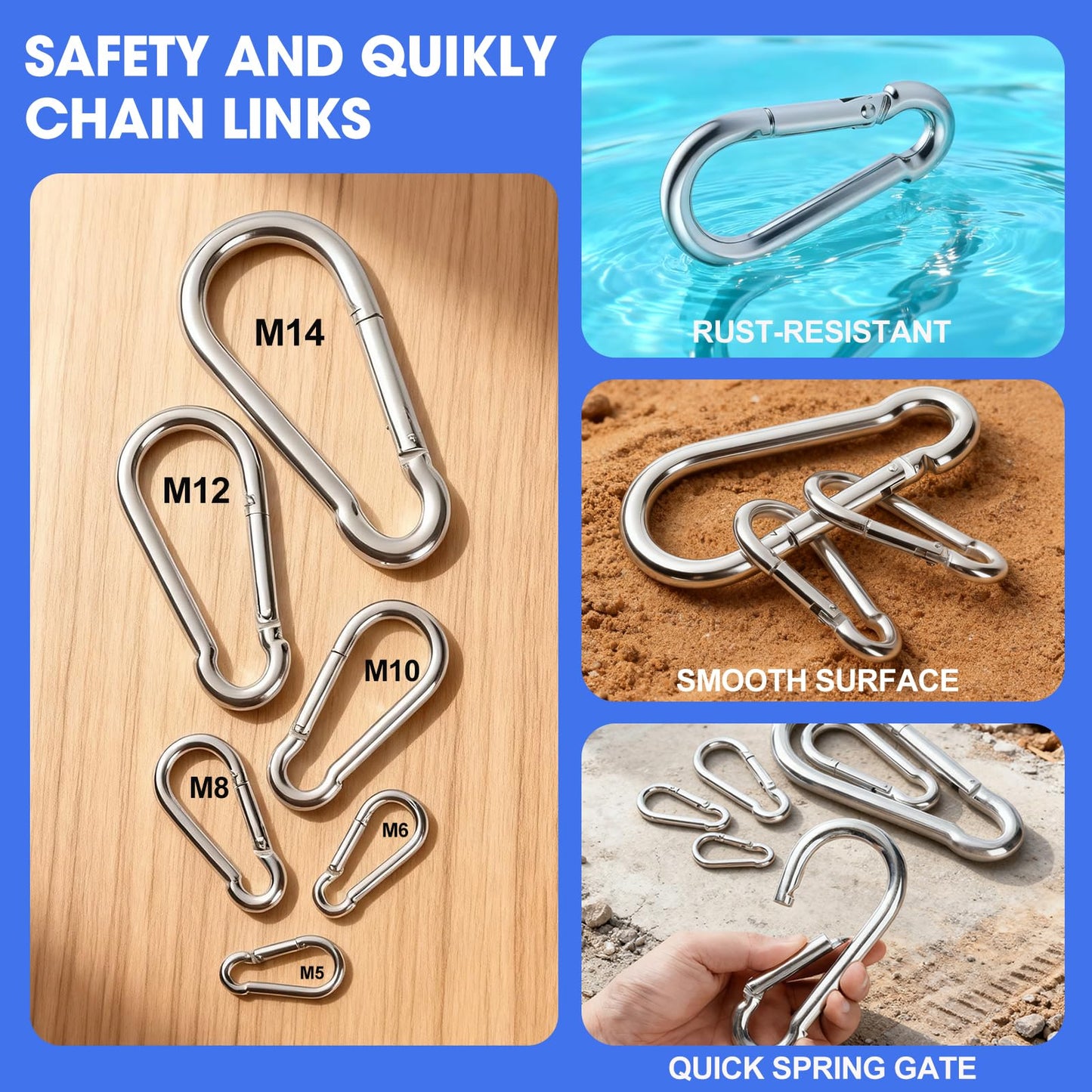 30Pack Heavy Duty Spring Snap Hooks 4Inch, 3/8” Carabiner Clips for Swing, Large Steel Chain Quick Links Safety Buckle Connector for Hammock Fitness Gym Outdoor Boating, M10 Snap Hook Carabiners