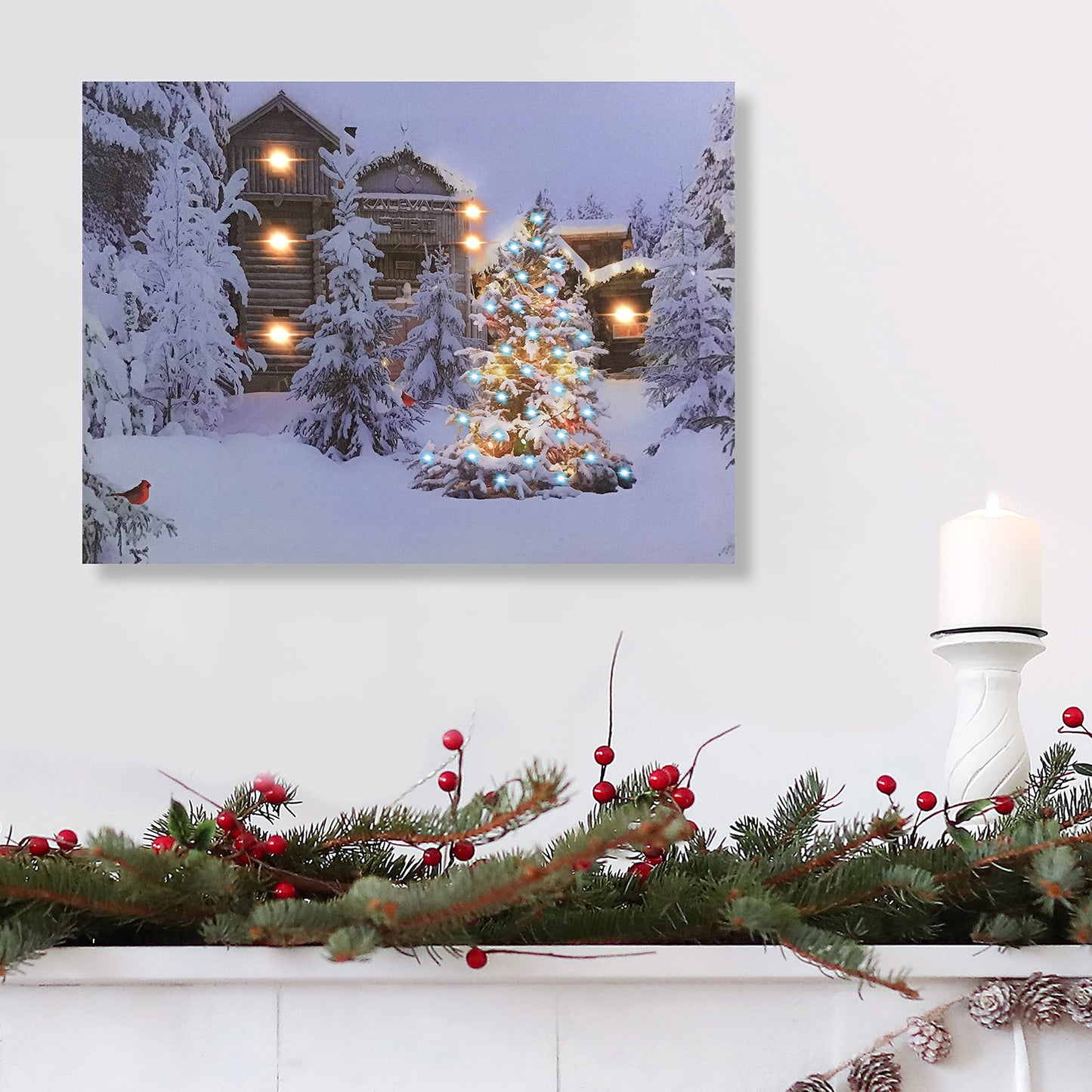 BANBERRY DESIGNS Lighted Wall Art - Cabin in the Woods Christmas Canvas Prints - Canvas Holiday Print with Cardinals Snow and Trees - LED - Measures 12" X 16"
