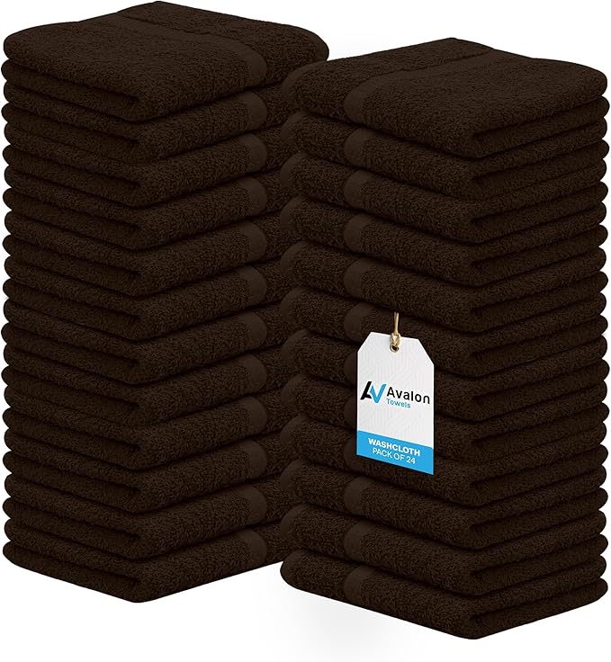 Avalon Towels Cotton Washcloths 24-Pack – 12 x 12 Inch Brown Super Soft &
