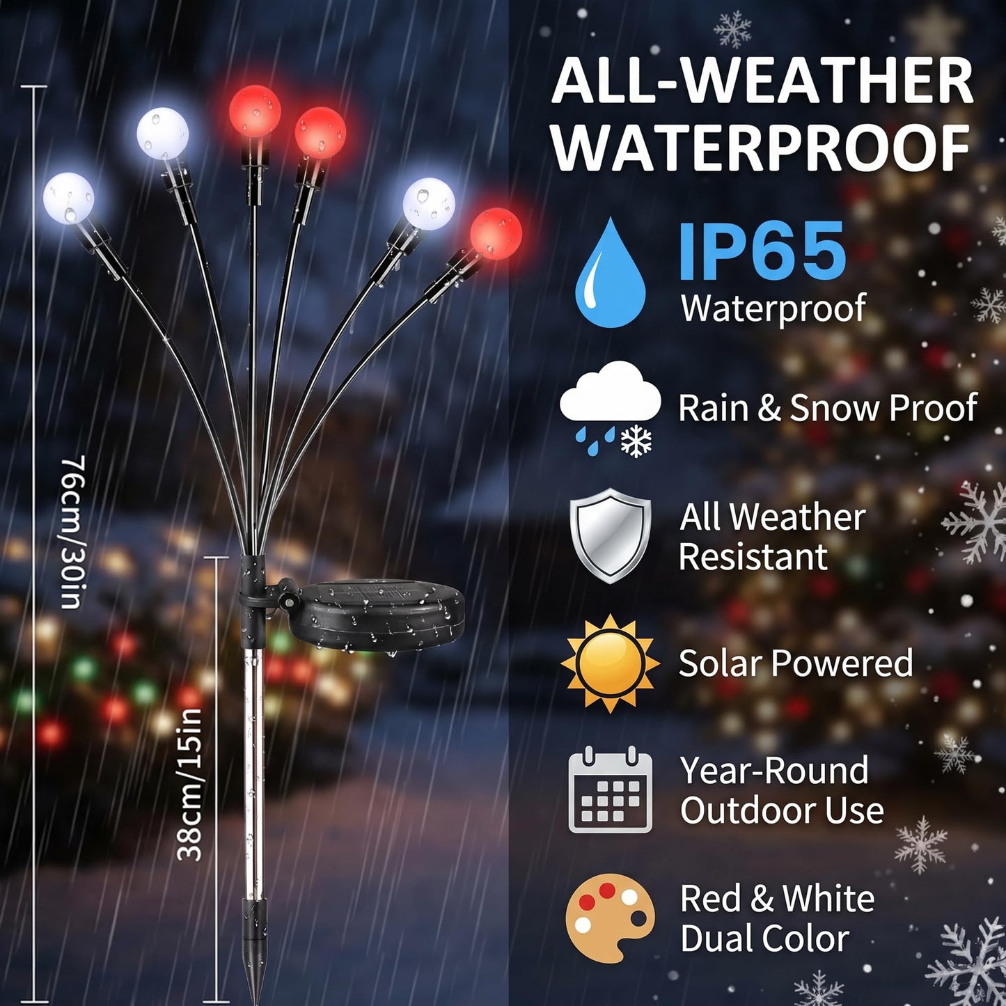 Sukesou Solar Christmas Firefly Lights, 2 Pack 6LED Red & White Solar Garden Stake Lights, IP65 Waterproof Auto On/Off Solar Powered Pathway Lights for Yard Patio Christmas Outdoor Decor