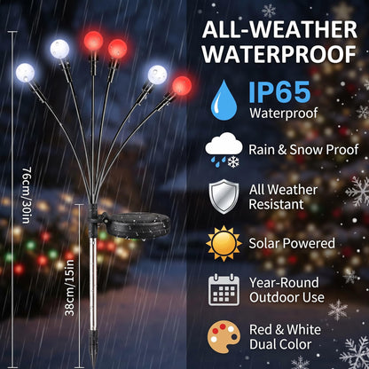 Sukesou Solar Christmas Firefly Lights, 2 Pack 6LED Red & White Solar Garden Stake Lights, IP65 Waterproof Auto On/Off Solar Powered Pathway Lights for Yard Patio Christmas Outdoor Decor