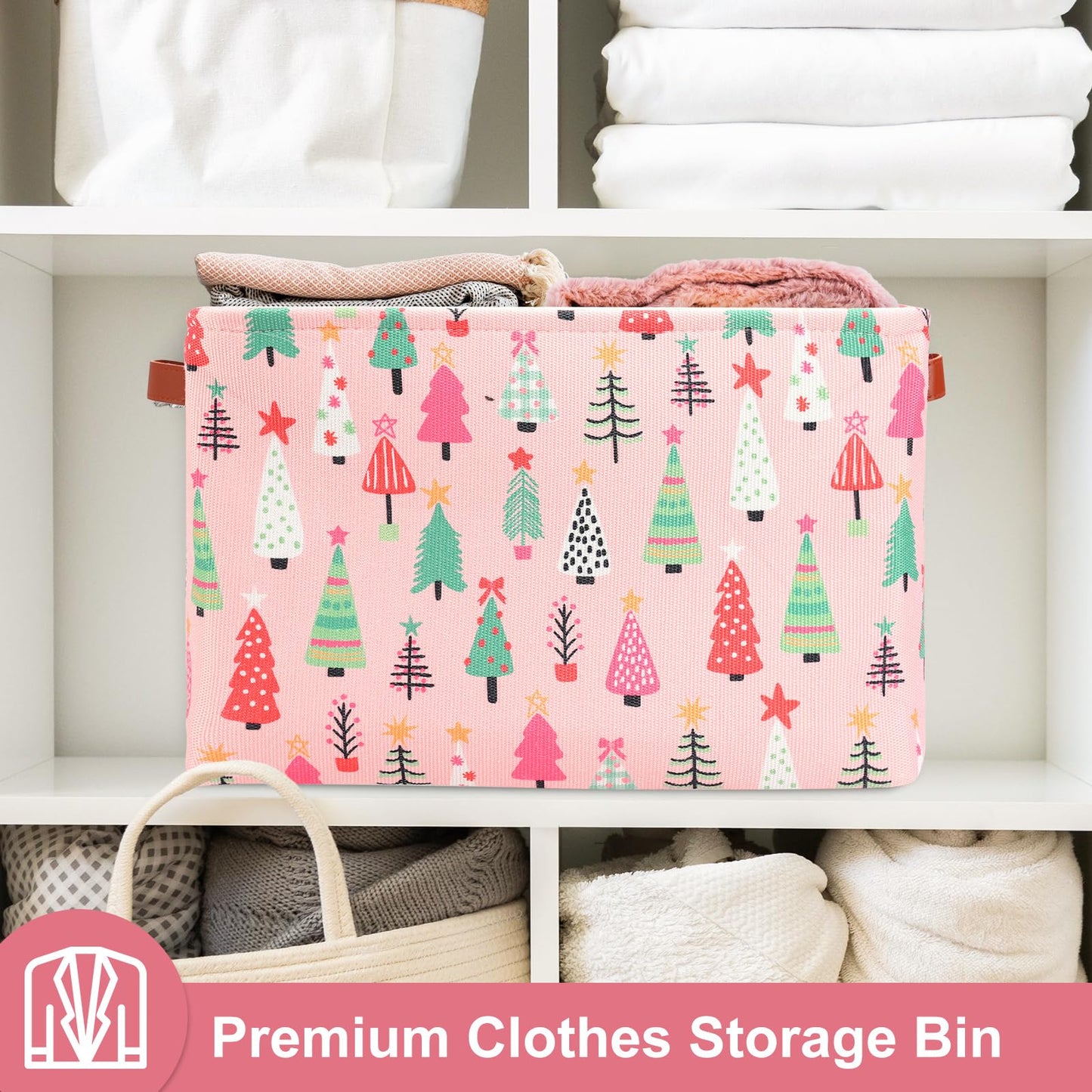 FYSUIMU Christmas Storage Basket with Handles Xmas Tree Pink Cube Storage Bin Foldable Fabric Container Organizer Box for Home Office Dorm Closet Shelf Toy