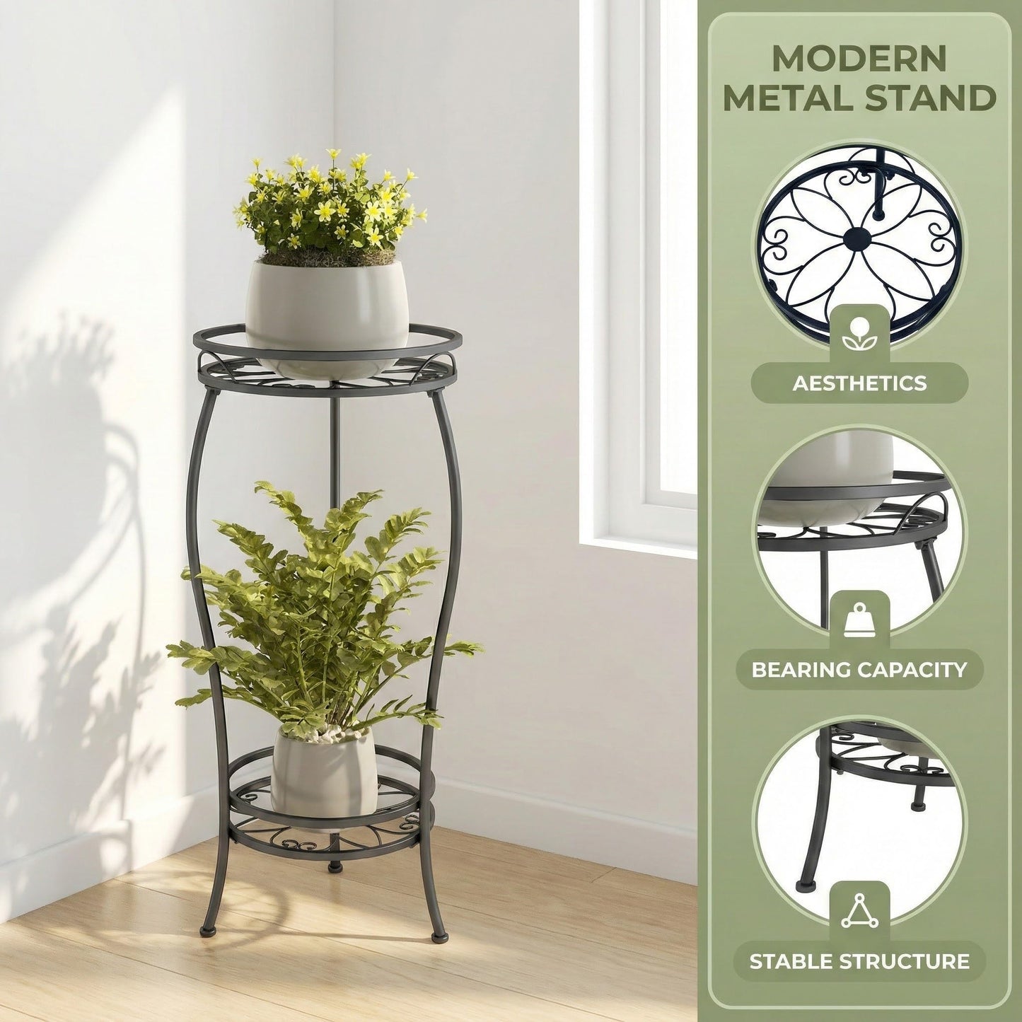 NUZZERO Plant Stand for Indoor Outdoor,Tall Black Metal Rustproof Stable Plant Stands,2 Tier 27.1 inch Multiple Corner Display Shelf Plant Rack Holder Rack Flower Pot Stand Heavy Duty Plant Shelf