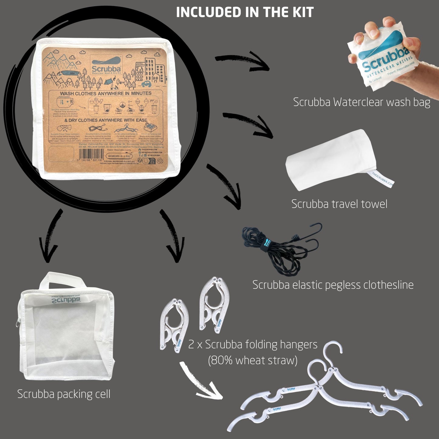 Scrubba WATERCLEAR Wash Bag & Dry Kit - Portable Washing Machine System with XL Towel, Pegless Line & Hangers - Lightweight Laundry Essentials for Camping, Hiking, Hostels & Hotels - Easy-Rinse Inlet