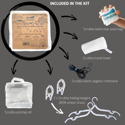 Scrubba WATERCLEAR Wash Bag & Dry Kit - Portable Washing Machine System with XL Towel, Pegless Line & Hangers - Lightweight Laundry Essentials for Camping, Hiking, Hostels & Hotels - Easy-Rinse Inlet