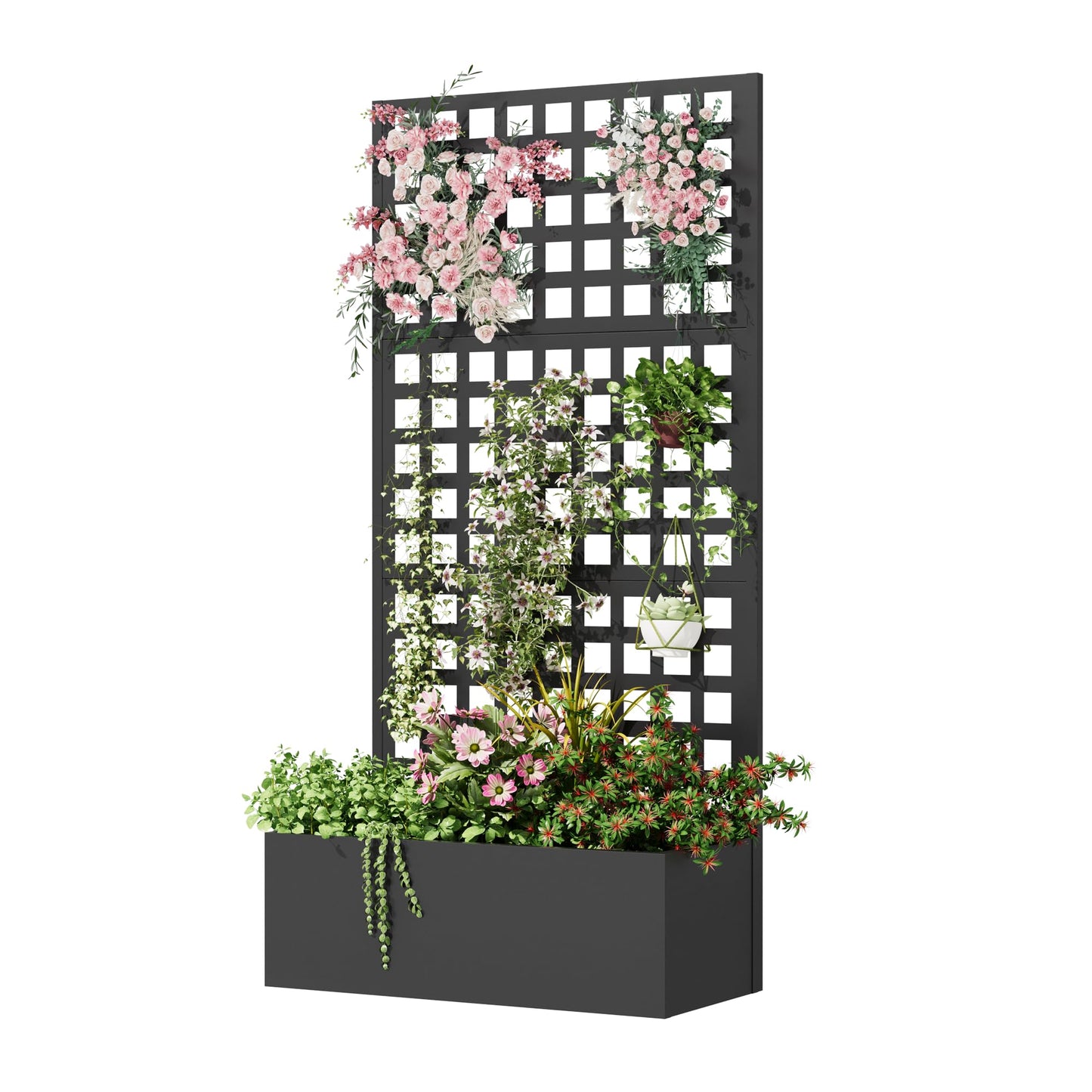 UPHYB Metal Planter Box with Trellis, 71"x 35"x 16" Raised Garden Bed with Trellis, Planter Box Trellis with Privacy Screen and Drainage Holes, Black
