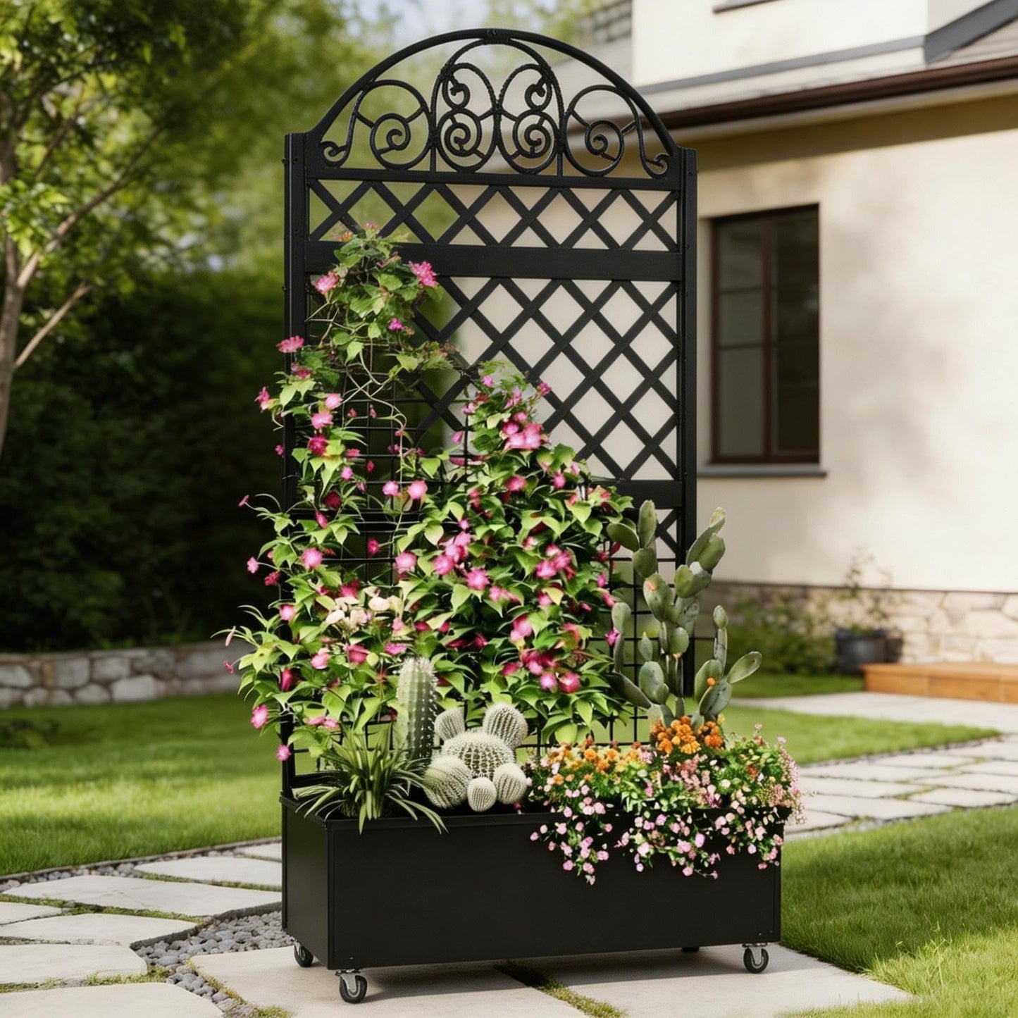 Privacy Planters for Patio, 73" Ornamental Metal Planter Box with Trellis & Locking Wheels, Scrollwork Arch Raised Garden Bed for Climbing Plants Roses Vines, Outdoor Flower Box with Drainage