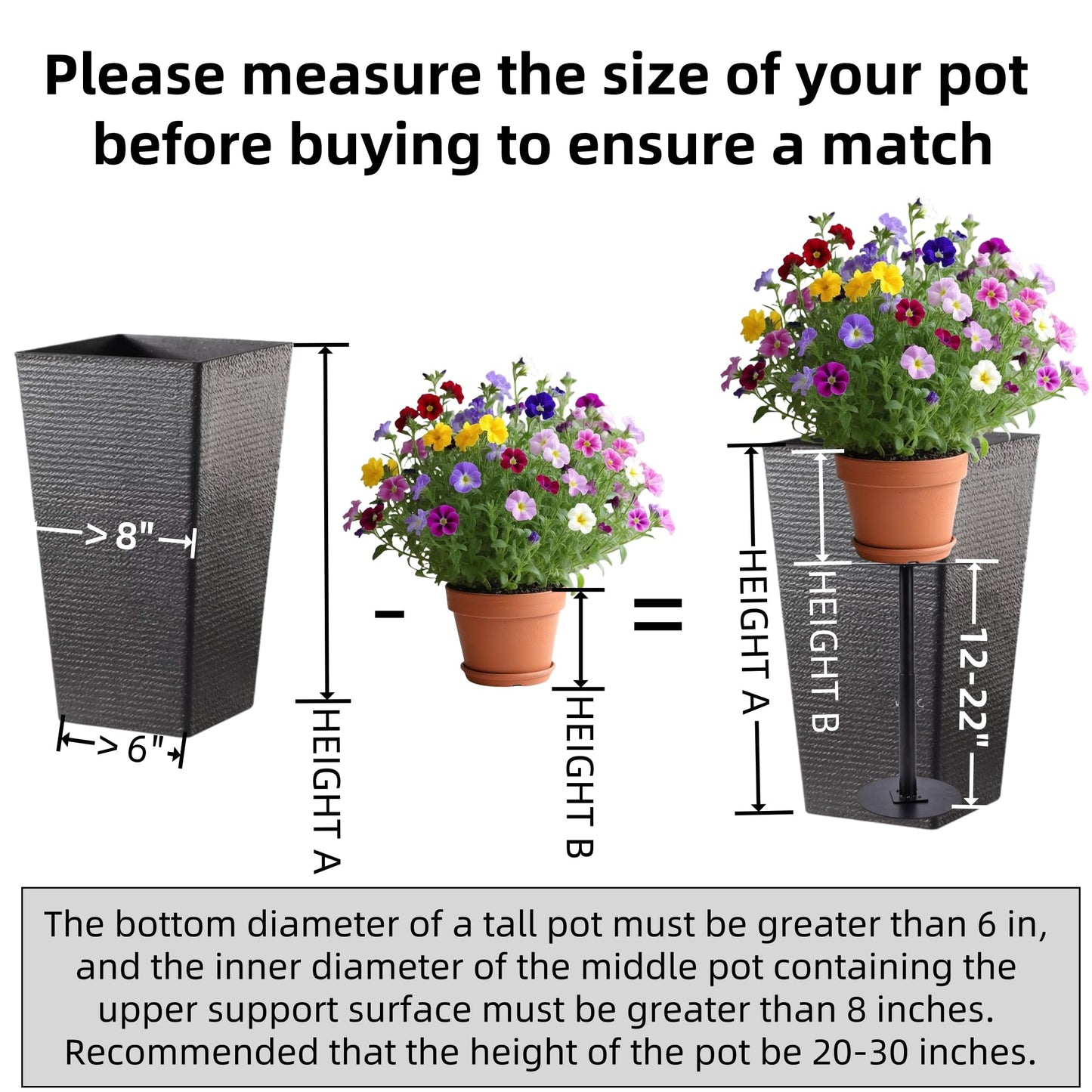 ZSHIGANMA Plant Risers for Inside Pots, Adjustable Height 12-22" Metal Planter Lift Inserts Fillers Risers for Indoor Outdoor Large Tall Taper Planter Flower Pot (6" Base,8" Top,Black)