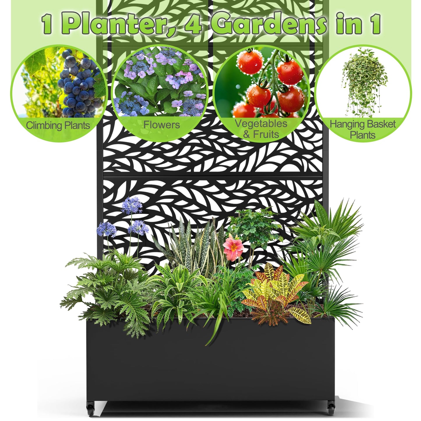 15.7"×70.9"×35.4" Metal Raised Garden Bed with Trellis and Wheels - Tall Trellis Planter Box for Climbing Plants, Vegetables & Vines - Outdoor Privacy Planters for Patio (Black-Spring)