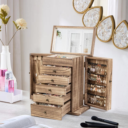 Emfogo Wooden Jewelry Box for Women, 6-Tier Large Jewelry Organizer Boxes with Mirror Rustic Solid Wood jewlery Storage Display for Rings Earrings Necklaces Bracelets watches(Carbonized Brown)