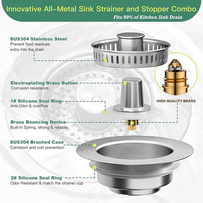Sink Drain Strainer 3 in 1, 304 Stainless Steel Pop Up Sink Stopper,