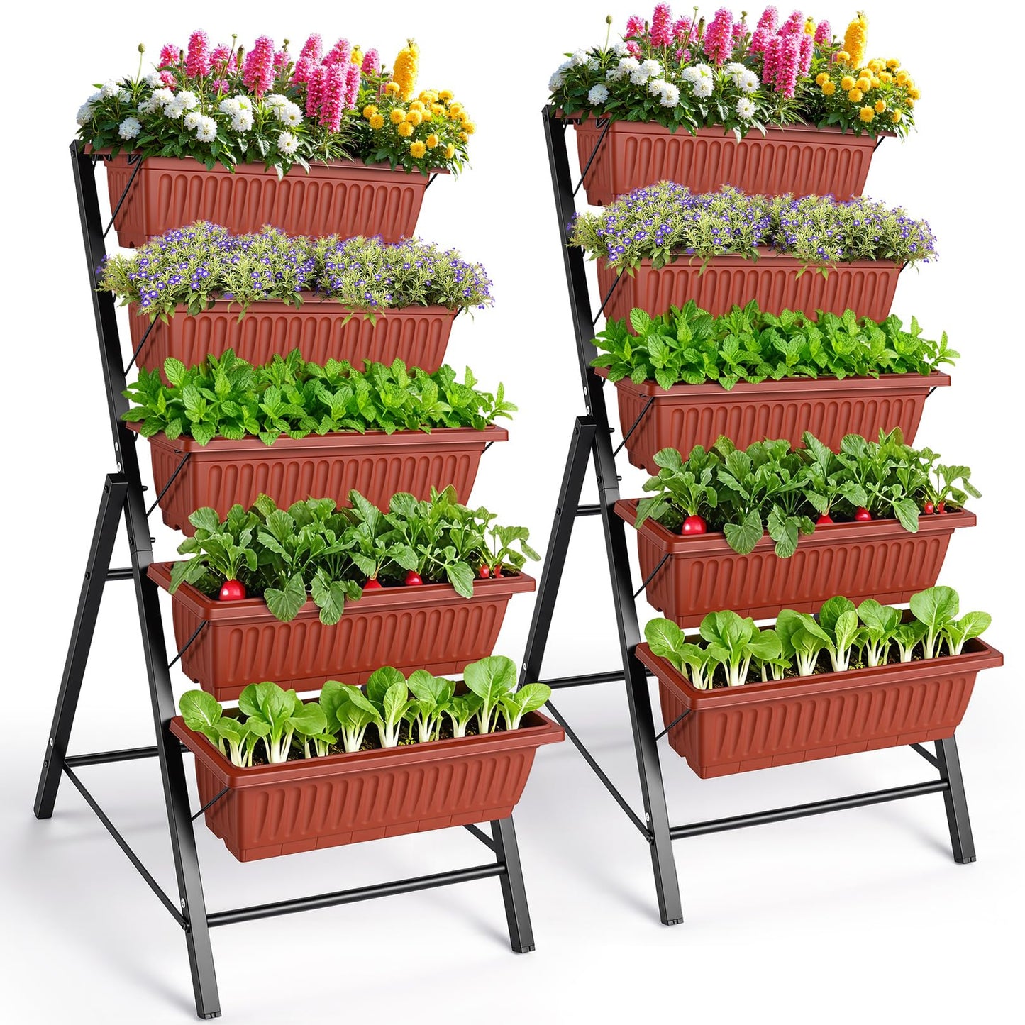 Suyncll 2 Pack Vertical Raised Garden Bed, 5 Tiers Elevated Planter Box with Drainage System and 4 Hooks, 4FT Vertical Planter for Herbs Vegetables Flowers, Dark Red