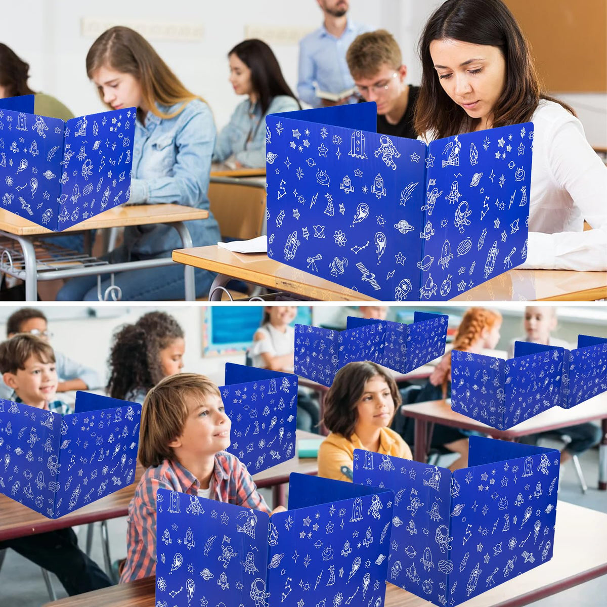 25-Pack Desk Dividers for Students, 3-Fold Privacy Screens, Durable Waterproof Plastic Study Boards, Easy Clean Classroom Shields for Schools,Teacher Supplies & Student Desk Organizers, Blue