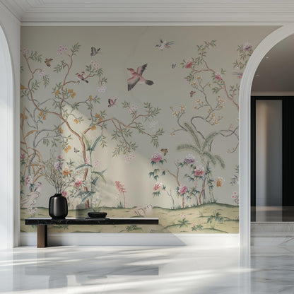 ARVOTONE Self-Adhesive Peel and Stick Wall Mural | Floral & Bird Design with Tropical Green Background | Removable Canvas Wallpaper for Living Room, Bedroom, Office (B, W114'' x H83'')