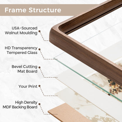 11x14 Picture Frame, USA-Sourced Natural Walnut Wood Photo Frame with Tempered Glass, Handcrafted Rounded Corner 11 x 14 Wooden Frame Matted to 8x10 Photos, Wall or Tabletop Display