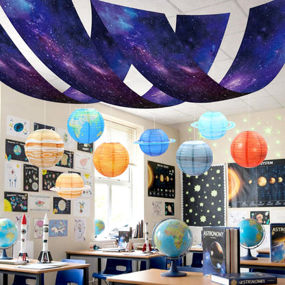 Tingjoo 13 Pcs Space Galaxy Ceiling Decorations for 2026 Vbs Space Themed Classroom Decor 12 x 2 ft Hanging Backdrop, 8 Solar System Lanterns & Star Foil Fringe Curtains Ornament for Party Decorations