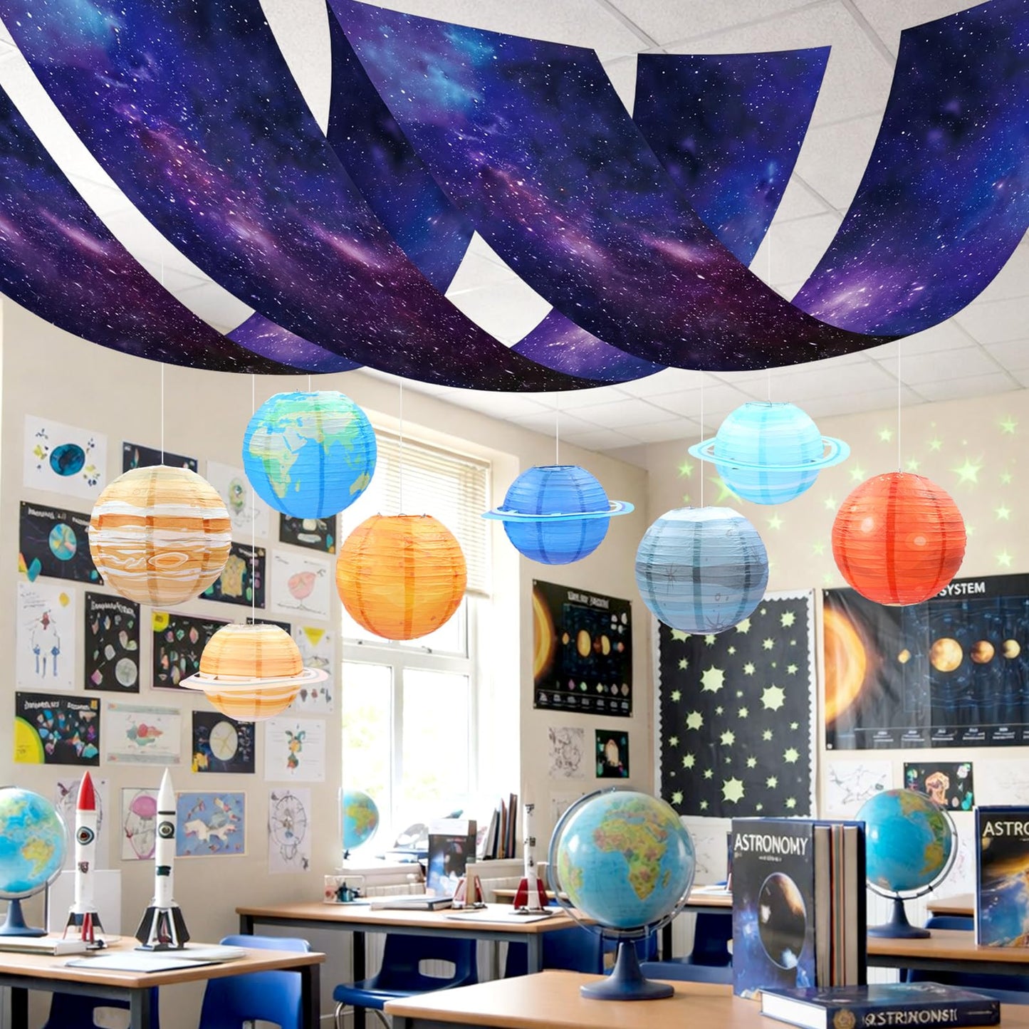 Tingjoo 13 Pcs Space Galaxy Ceiling Decorations for 2026 Vbs Space Themed Classroom Decor 12 x 2 ft Hanging Backdrop, 8 Solar System Lanterns & Star Foil Fringe Curtains Ornament for Party Decorations