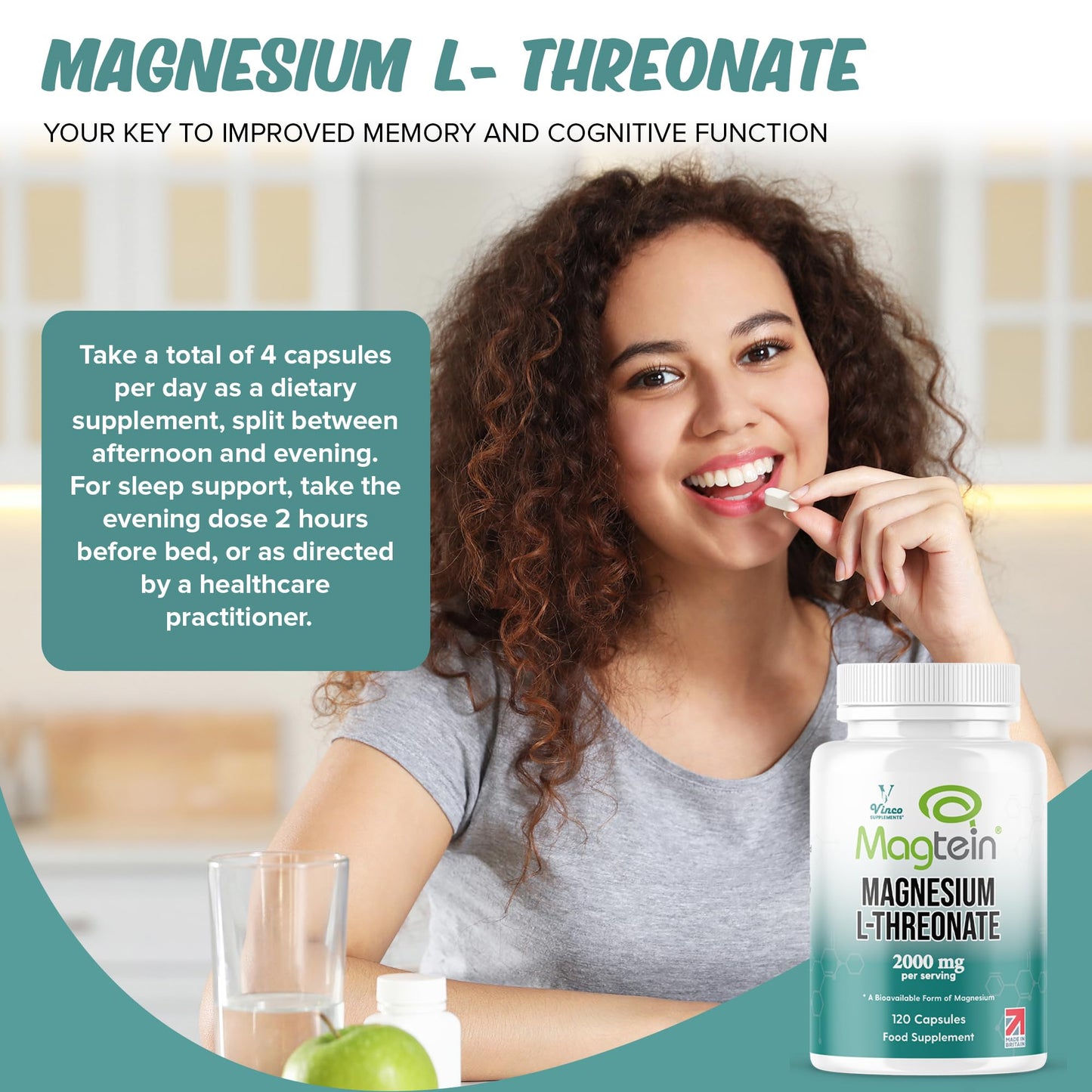 Vinco Magtein® Magnesium L-Threonate Supplement - 120 High Strength Magnesium L Threonate Capsules - 2000mg Bioavailable Form of Magnesium per Serving - Non-GMO & Gluten Free – Made in The UK