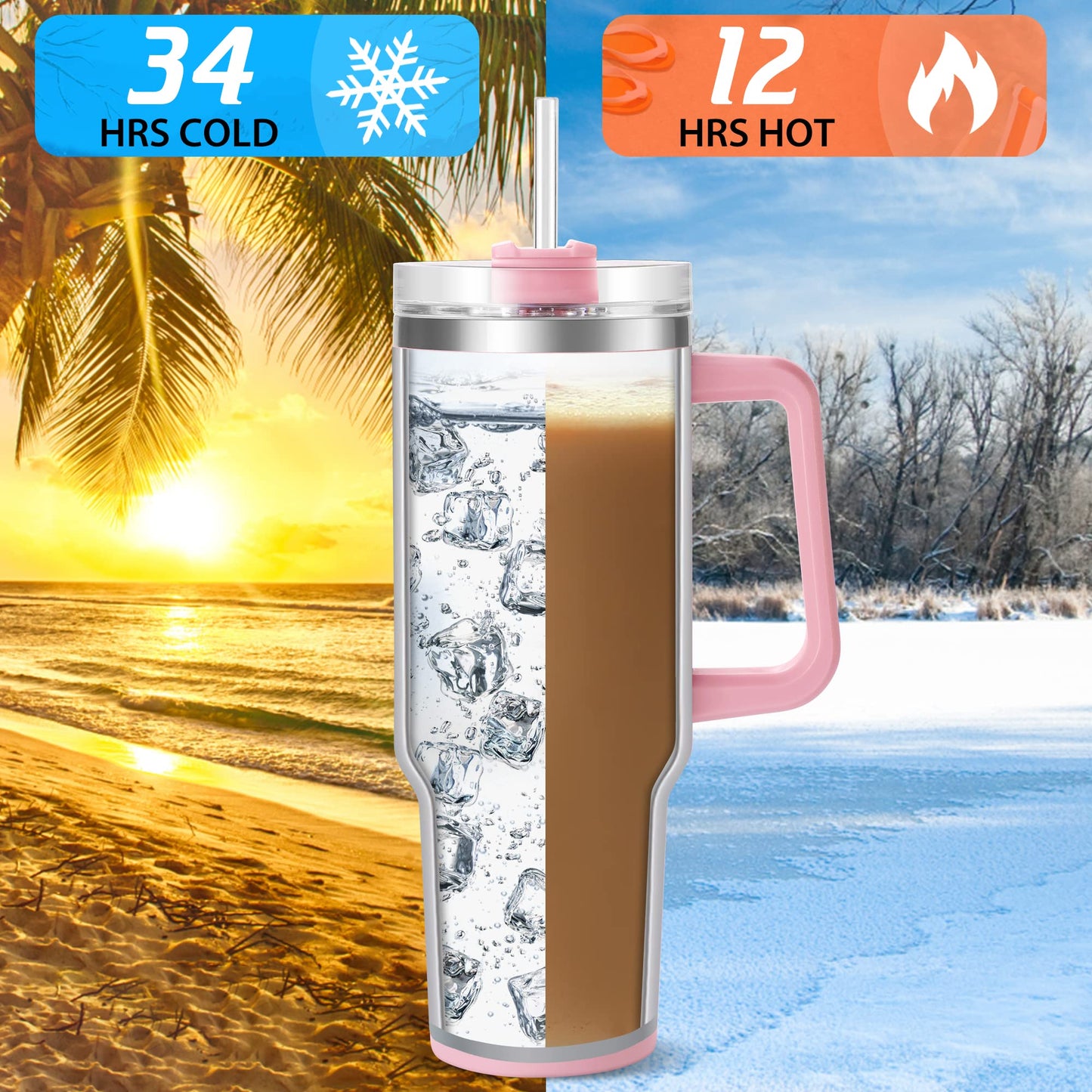 40 oz Tumbler with Handle and Straw, Pink Insulated Travel Mug Iced Coffee Cup, Reusable Stainless Steel Insulated Water Bottle, Keeps Drinks Cold for 34 Hours, Women Christmas Gifts for Mom Grandma