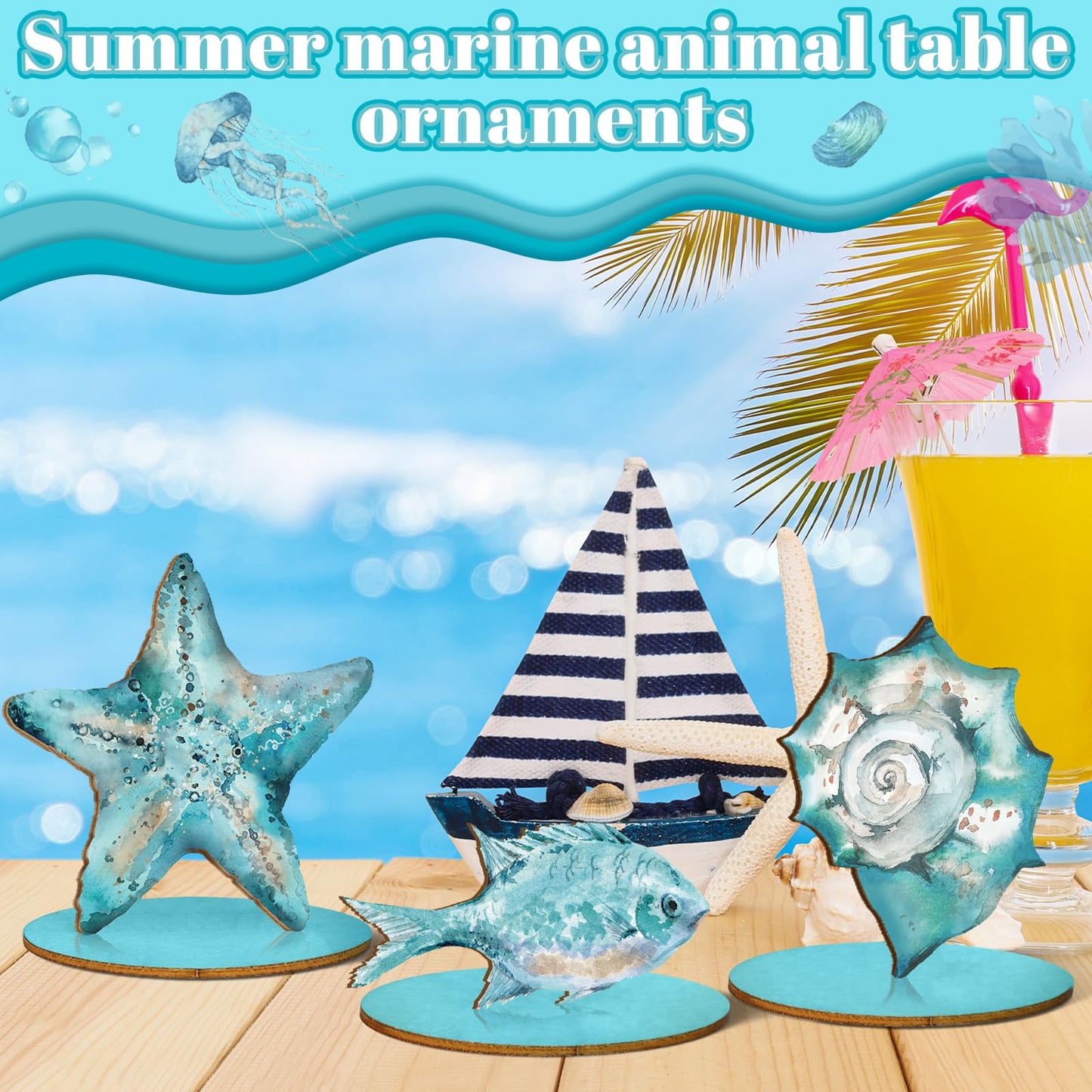 Threehoney 10 Pcs Ocean Wood Table Sign Under The Sea Wooden Beach Table Decor Sea Animal Coastal Beach Centerpiece Nautical Block Summer Decoration for Home Party Supplies(Classic Style)