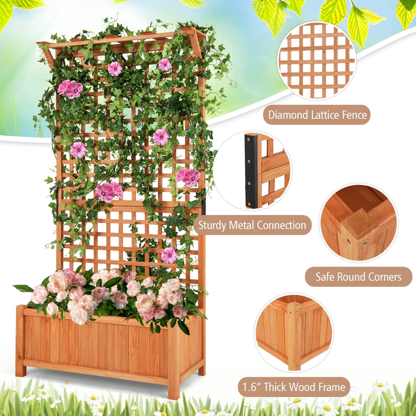 S AFSTAR Raised Garden Bed with Trellis, Wood Elevated Planter Box with Hanging Roof & Climbing Trellis, 4 Drainage Holes, 72.5" Tall Freestanding Planter Container for Vine Climbing Plants Flowers