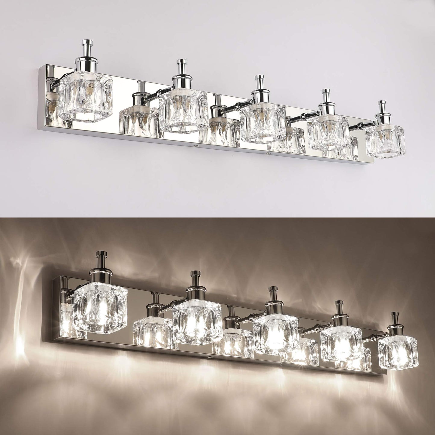 PRESDE Crystal Bathroom Vanity Light Fixtures 5 Light Bathroom Light Fixtures Over Mirror Modern LED Chrome Bath Lighting